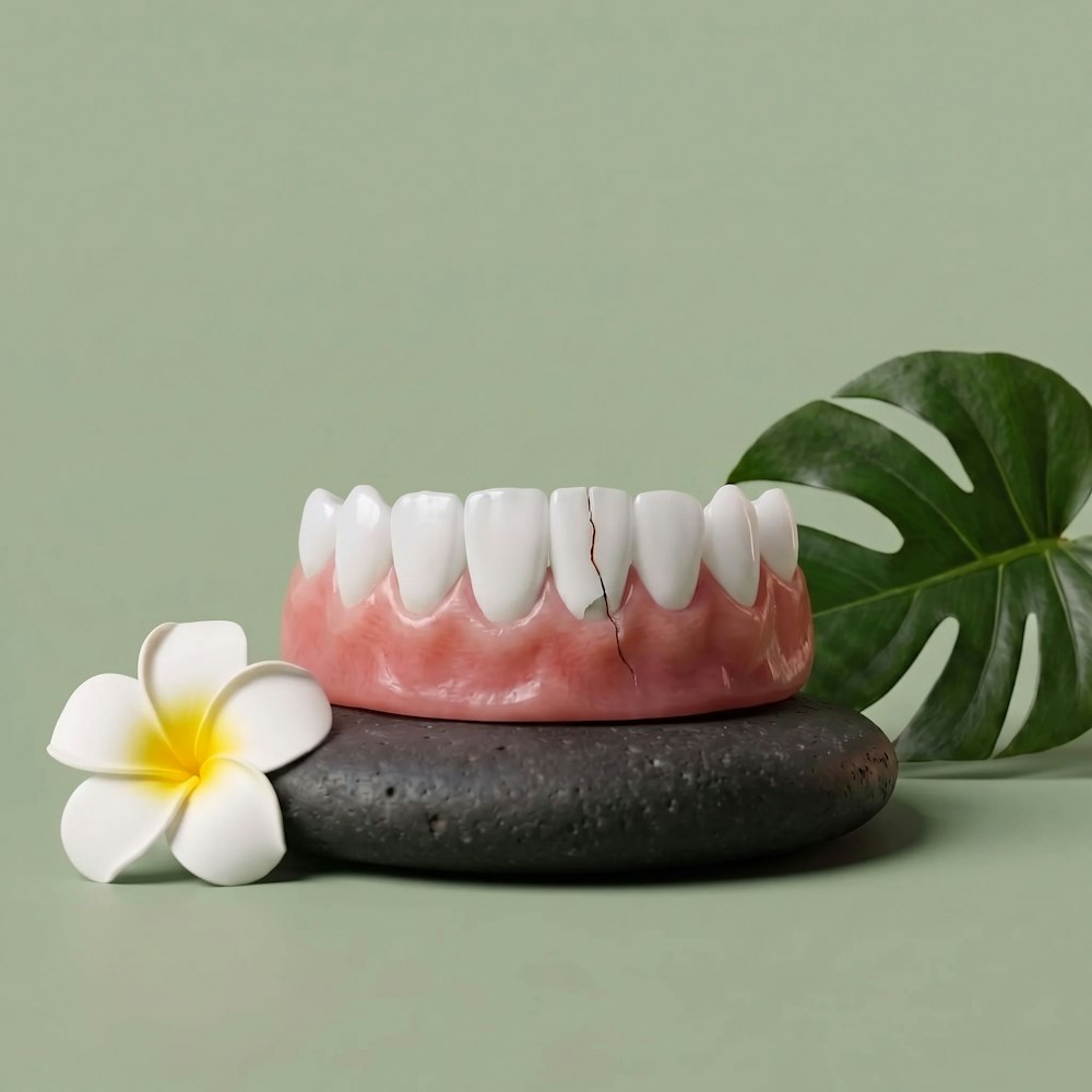 model jaw against sage green background showing a cracked tooth