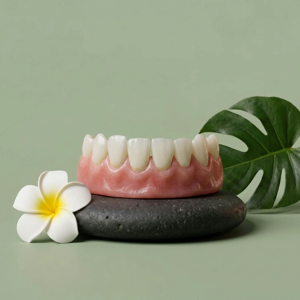 model jaw against sage green background showing misaligned teeth