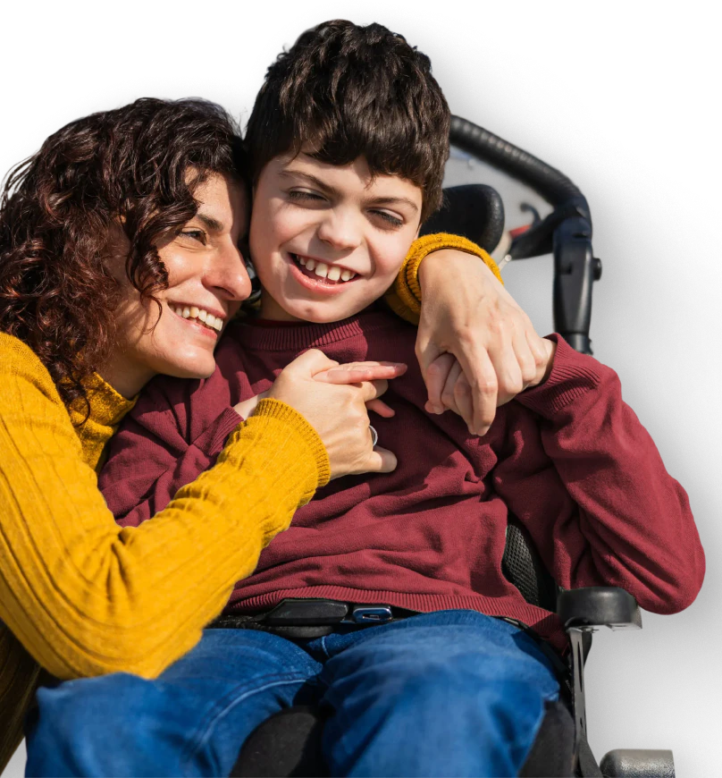 Mother embracing her son with disabilities