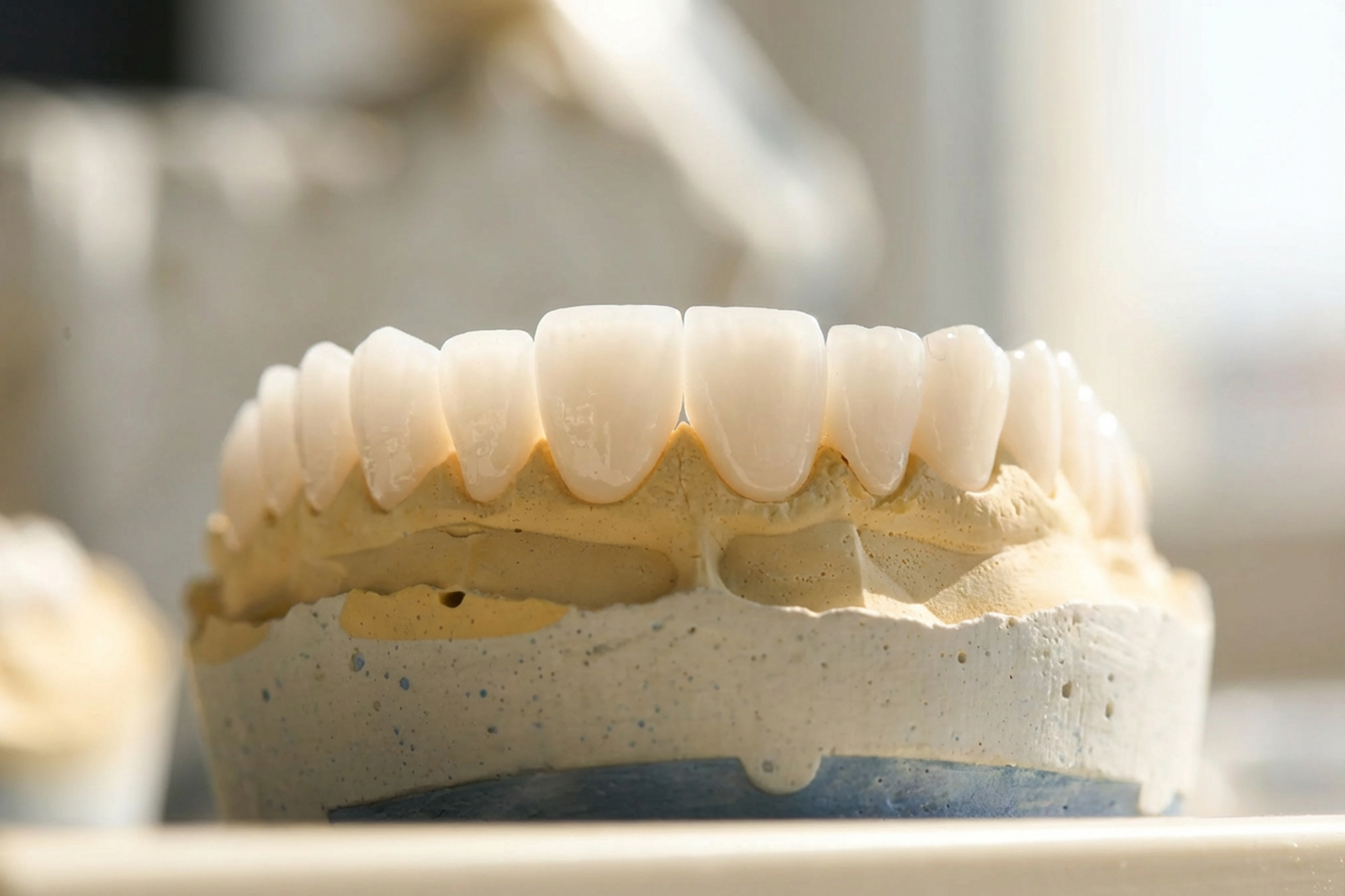 Porcelain dental crowns on a stone model in a dental lab setting