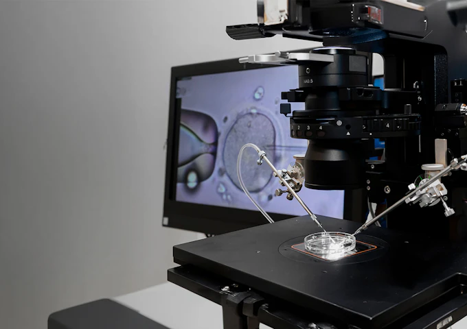 Micromanipulation microscope used for embryo biopsy in an IVF laboratory