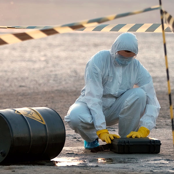 Person in protective gear on beach near a barrel of toxic chemicals