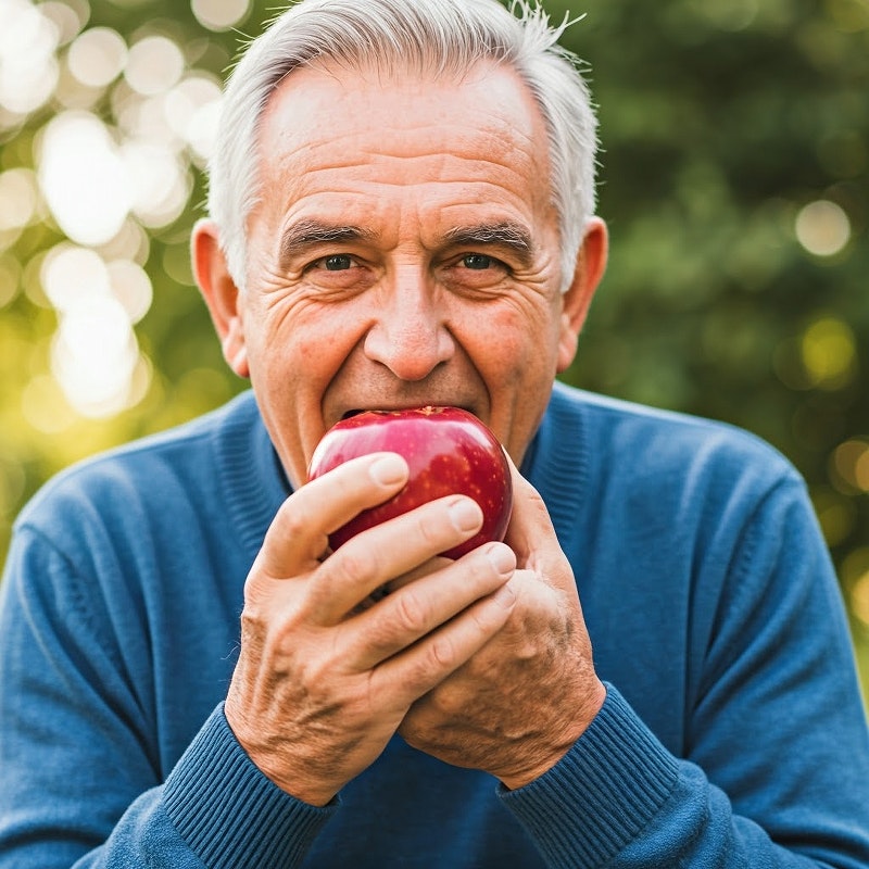 Senior man biting apple