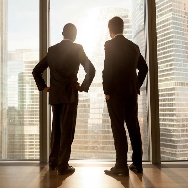 Lawyers looking outside window