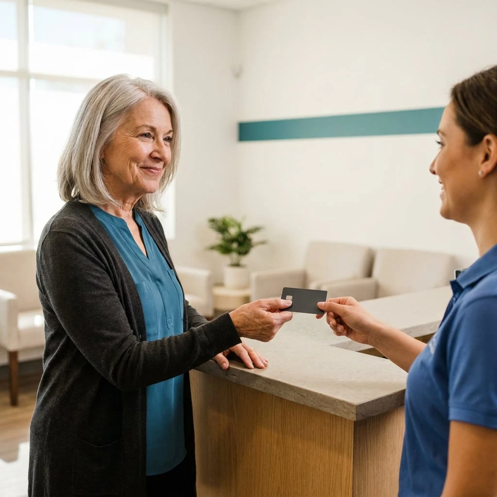 older woman using her card to pay