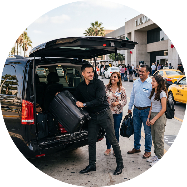 Man helping family with bags outside of airport