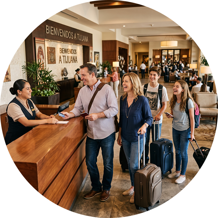 family checking into hotel