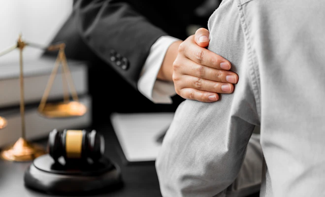 Attorney showing compassion by placing his hand on his client's shoulder