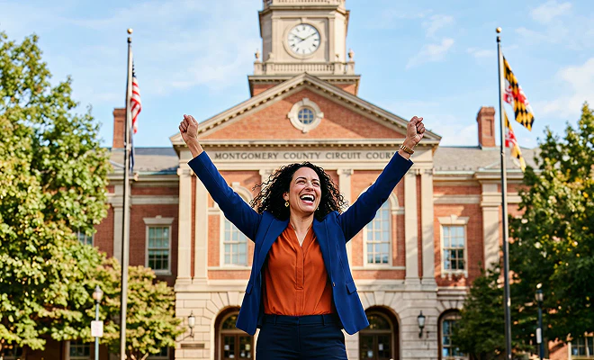Woman celebrating her courtroom victory outside a montgomery county courthouse