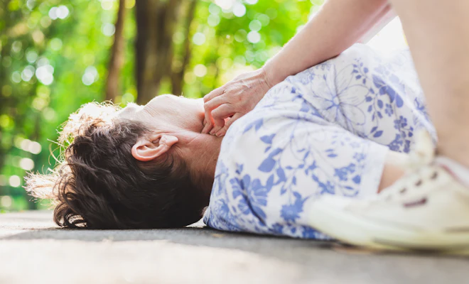 Elderly woman on the ground getting her pulse checked