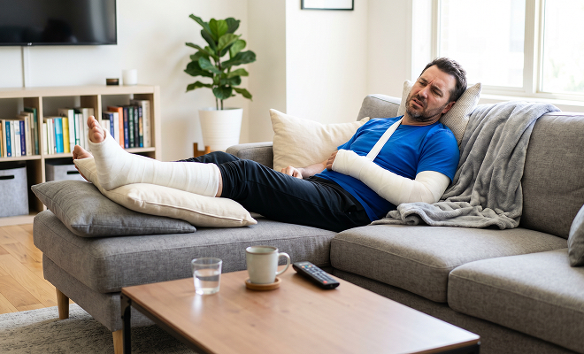 Man in an arm and leg cast laying on his couch in pain