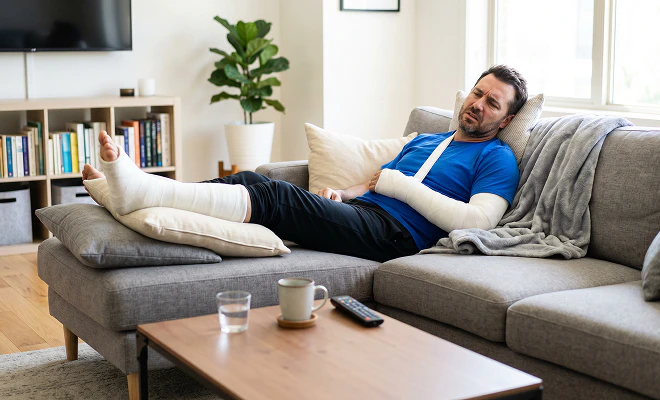 Man in an arm and leg cast laying on his couch in pain