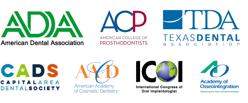 All Affiliation logos for Jovan Prosthodontics including: ADA, ACP, TDA, CADS, AAD, ICOI, AO
