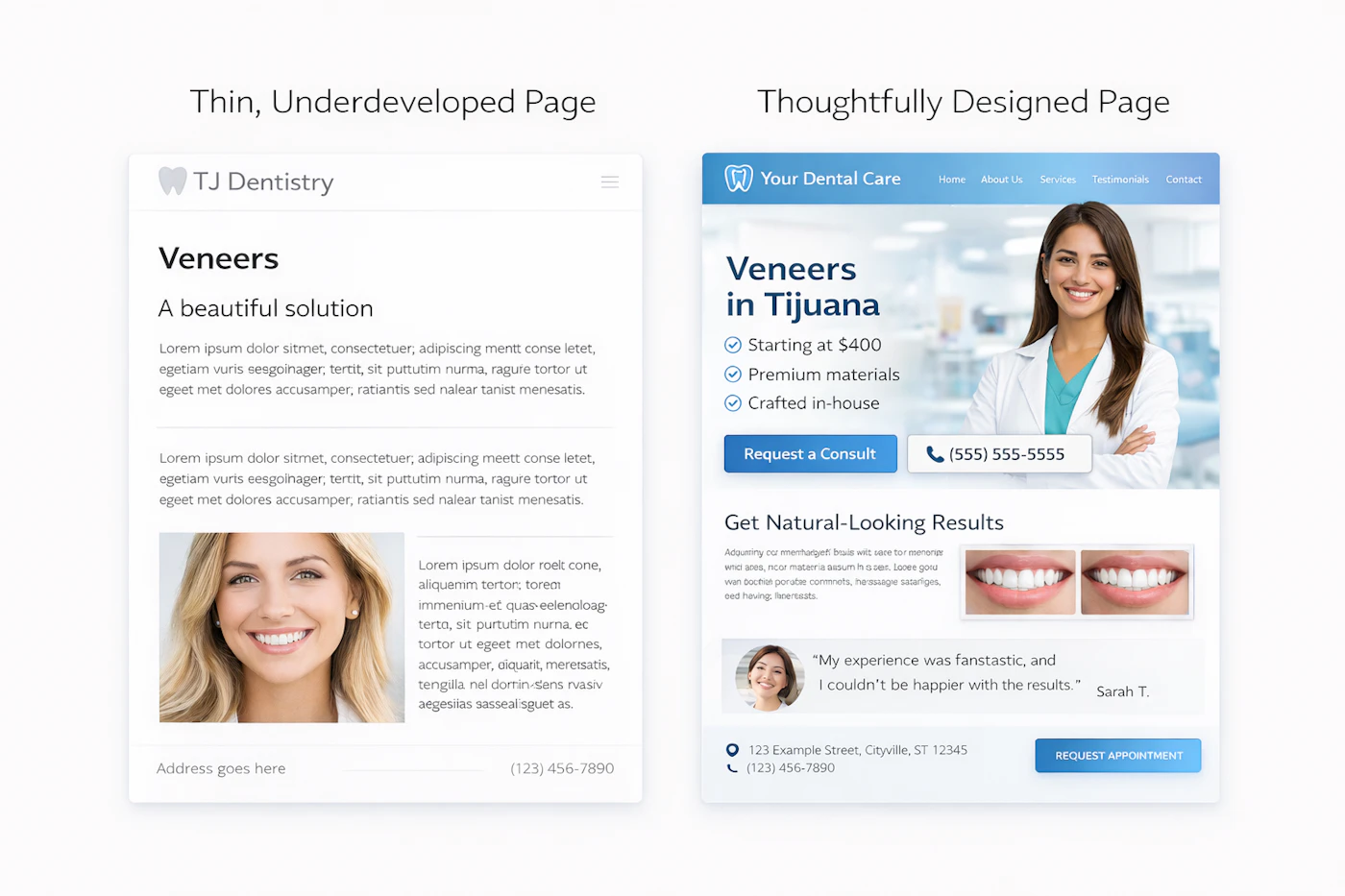 Side-by-side comparison of a thin underdeveloped dental page versus a thoughtfully designed dental page with pricing, testimonials, before-and-after photos, and clear calls to action