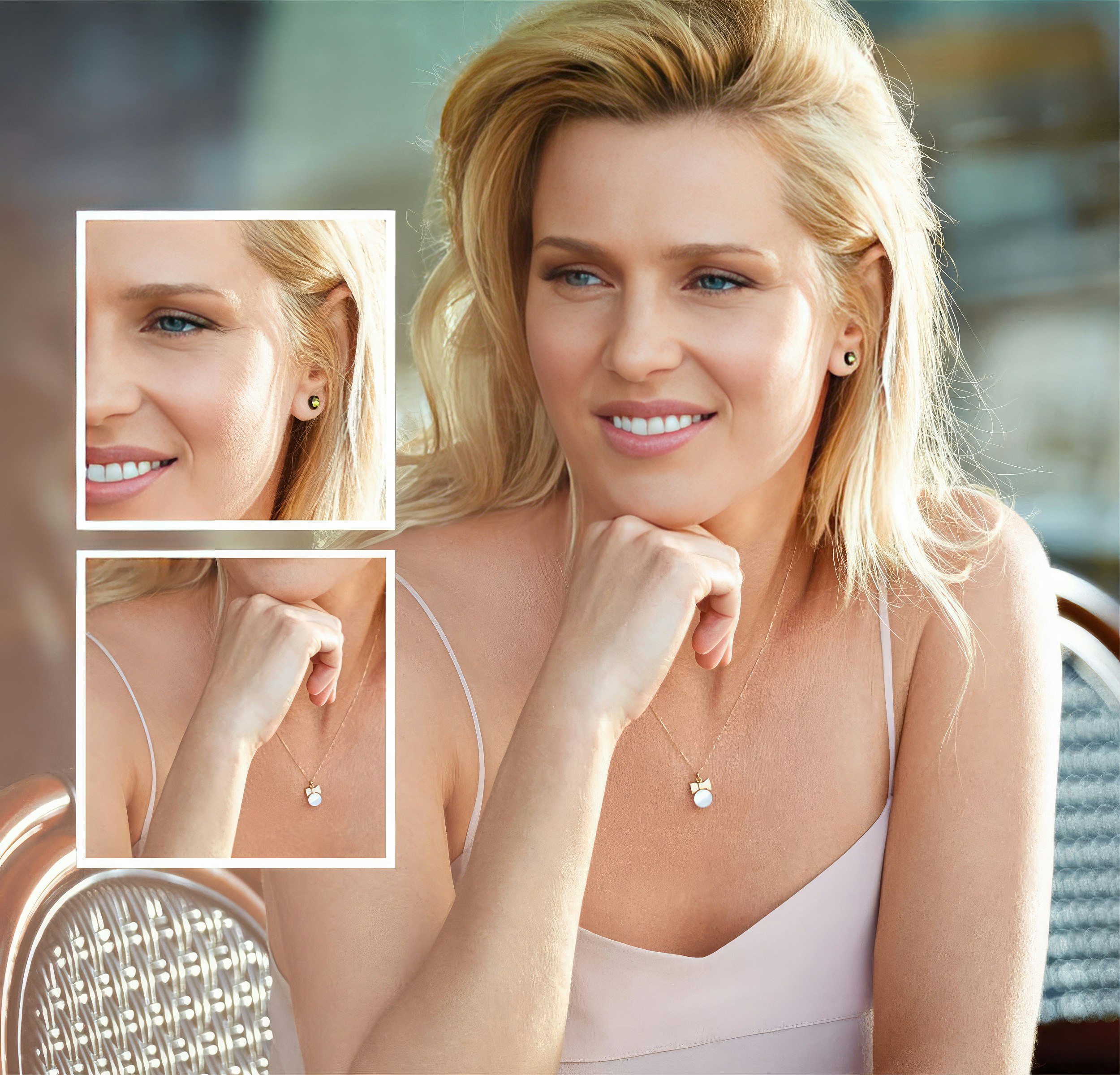 Close-up of beautiful woman's face and wrist