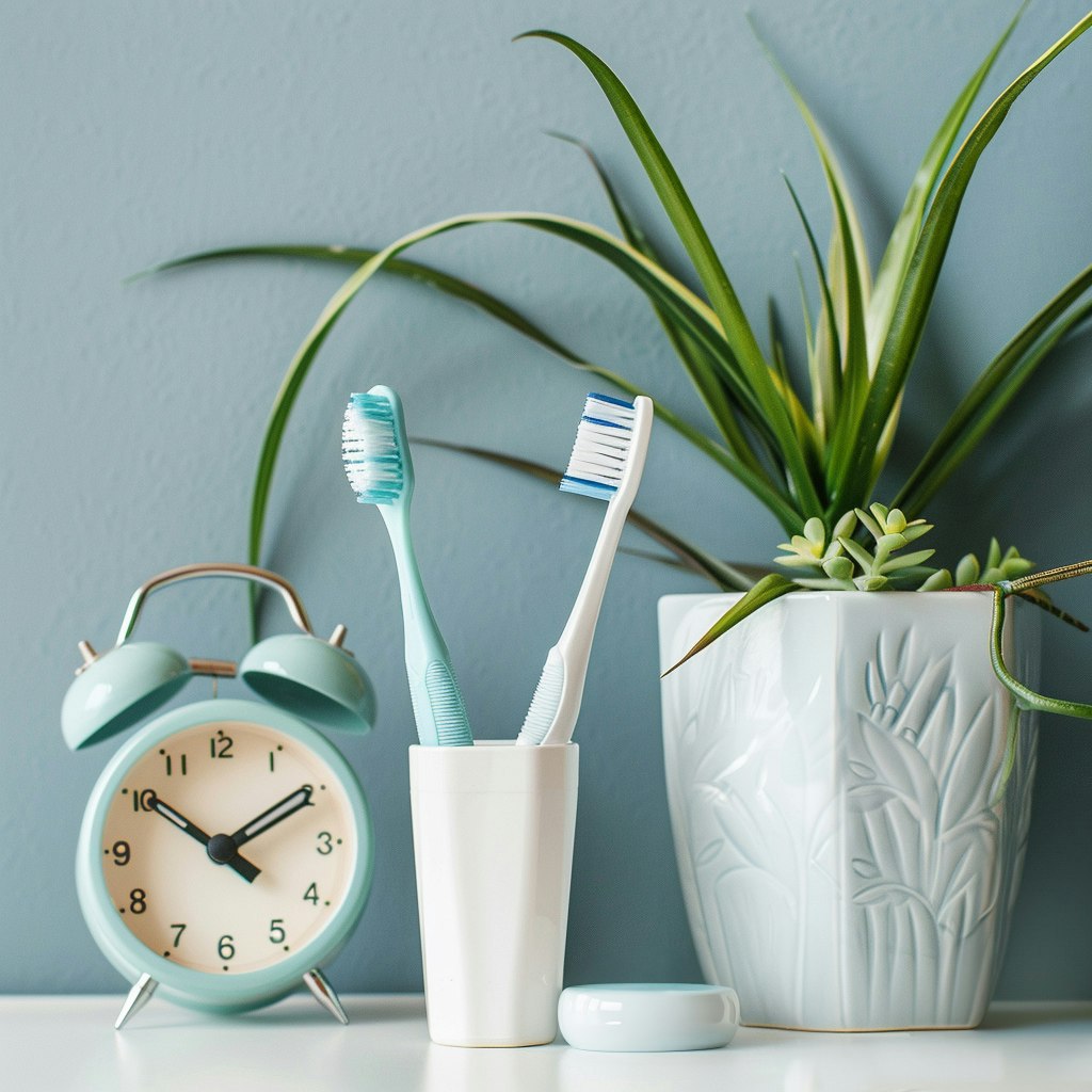 oral health still life with toothbrushes houseplants