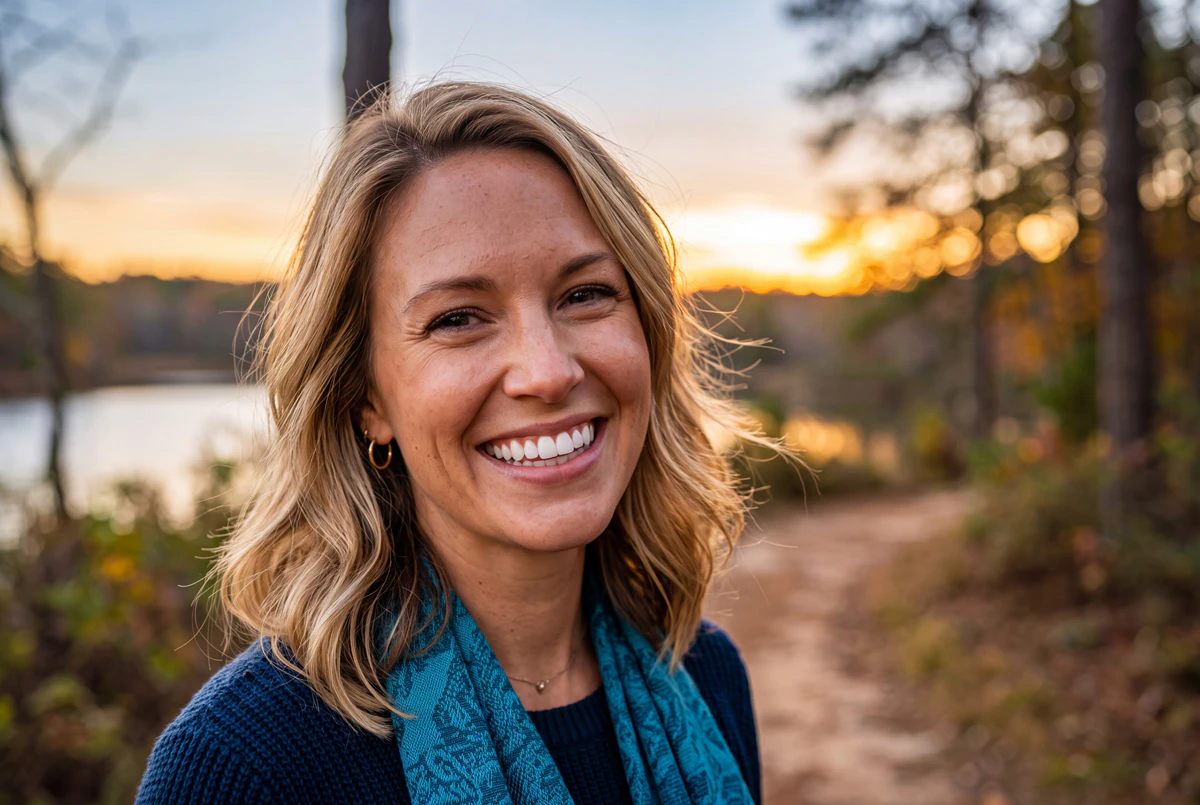 woman smiling at sunset