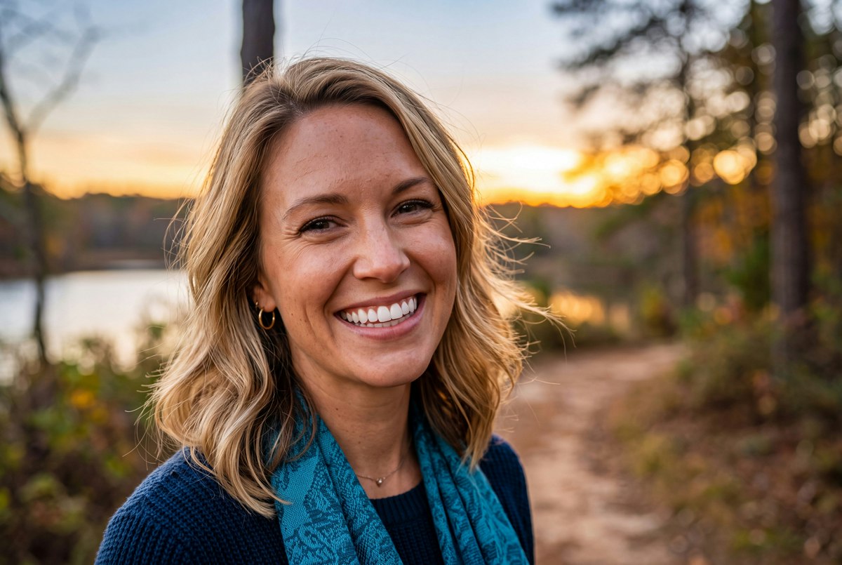 woman smiling at sunset