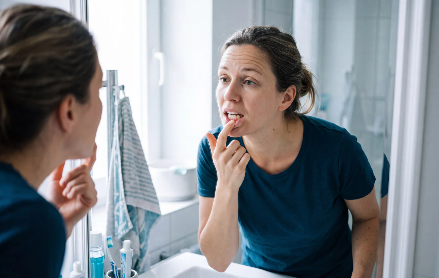 woman examines her teeth in the mirror
