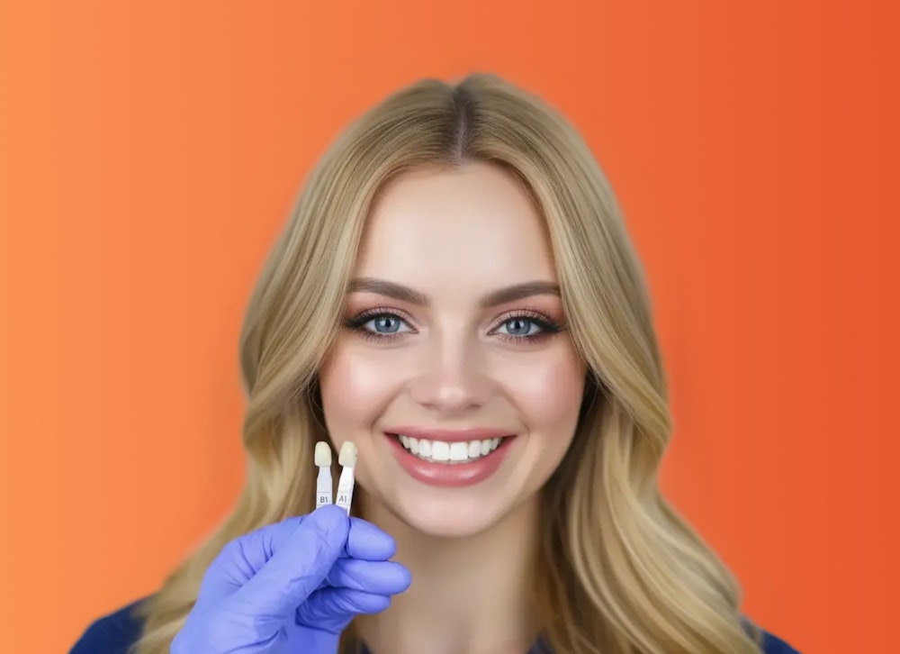 girl smiling with veneers being held next to smile