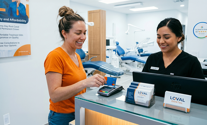 woman paying for dental treatment at Loval