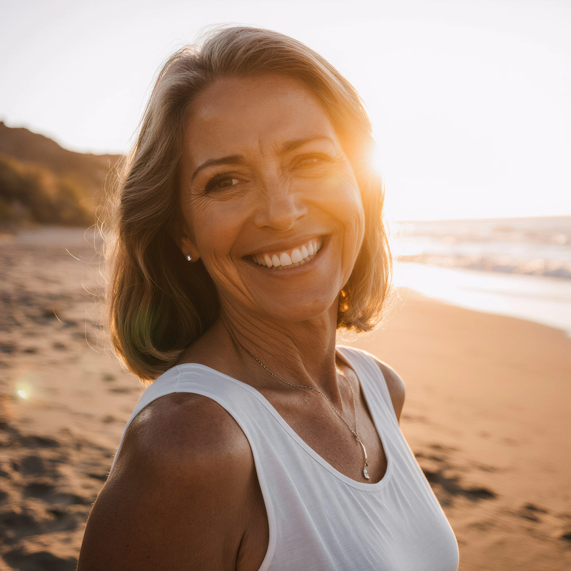 woman at sunset smiling