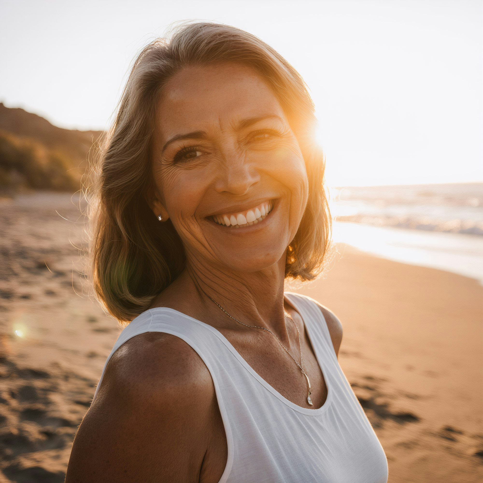 woman at sunset smiling