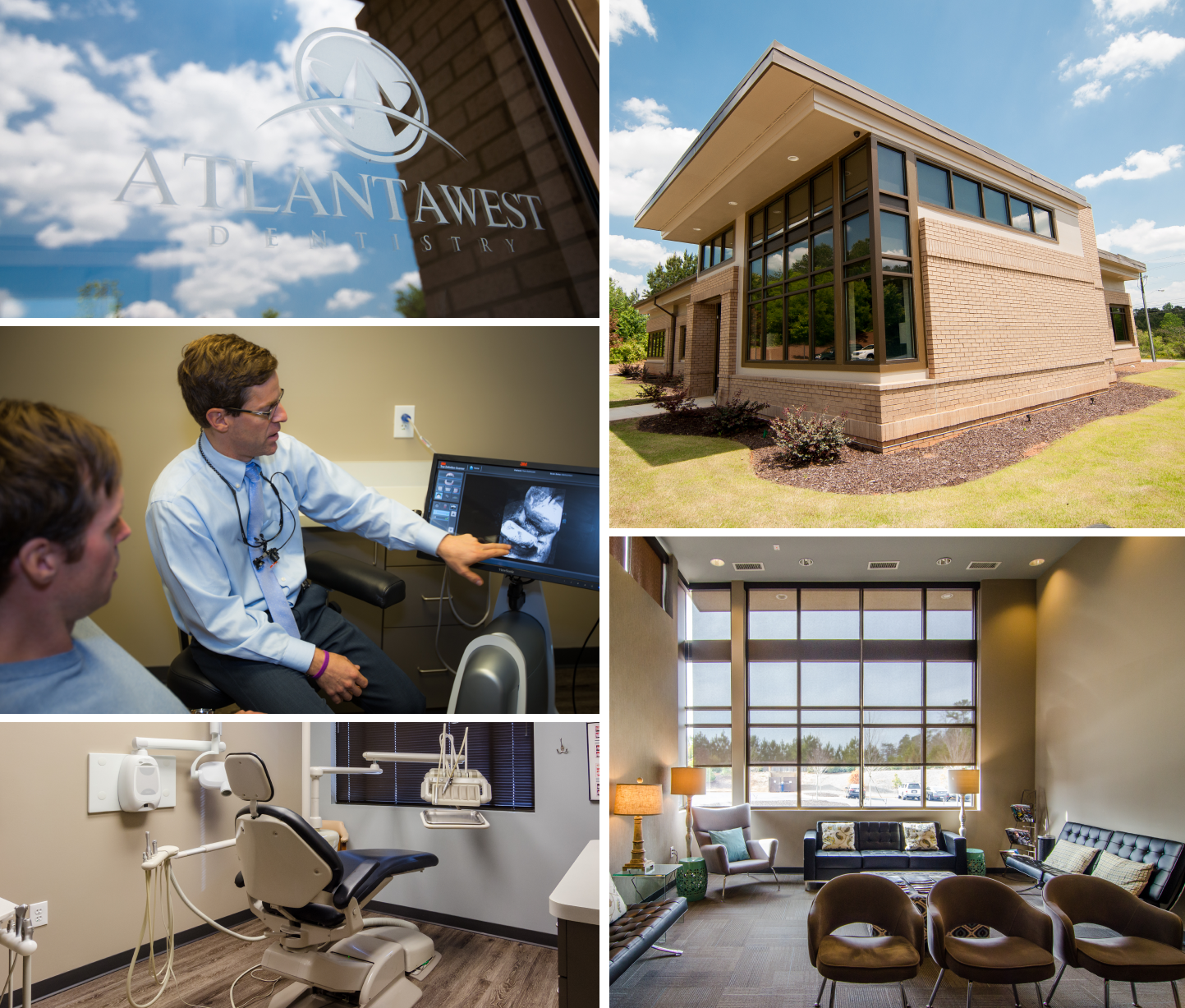 5 photo collage of Atlanta West Dentistry, Dr. Watson and patient, dental chair, waiting room, and exterior office photo