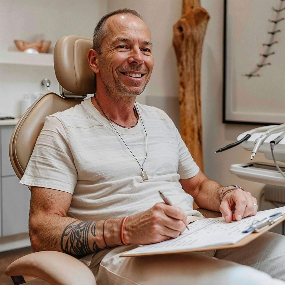 a relaxed man filling out a form in a dental chair ready for a procedure