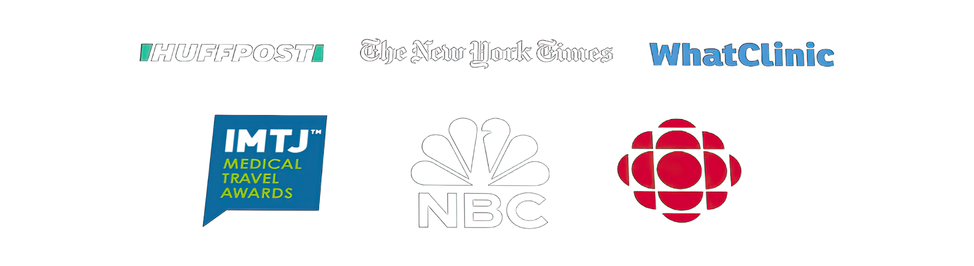 Huffpost, WhatClinic, The New York Times, IMTJ Medical Travel Awards, NBC, ICI Canada logos