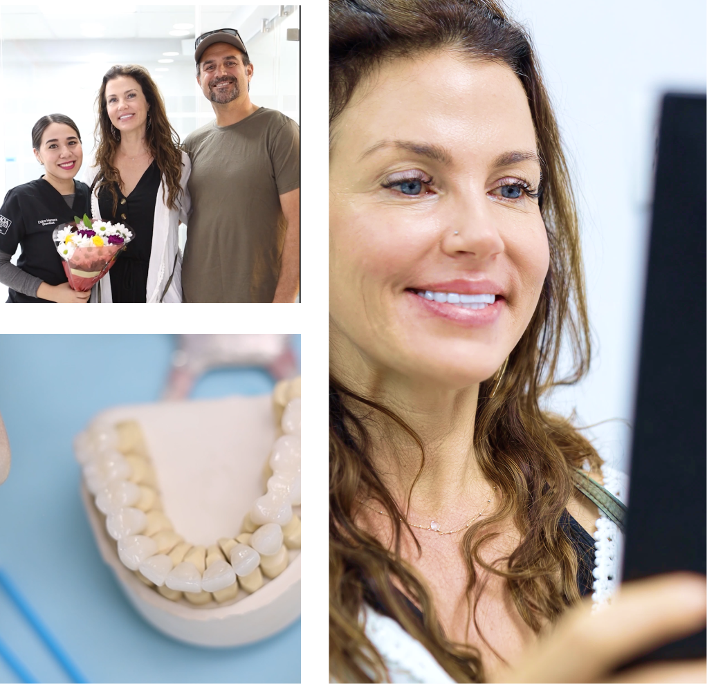 collage of photos of a woman admiring her new smile