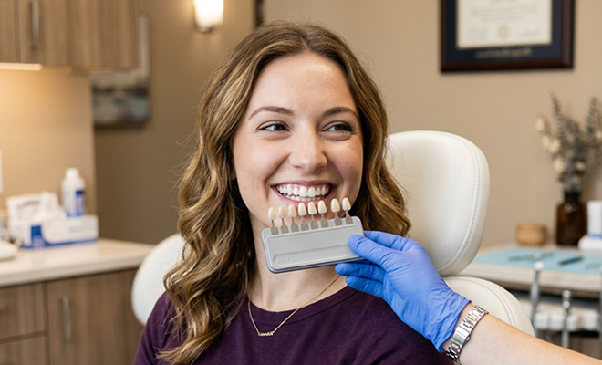 Woman smiling during veneers consultation