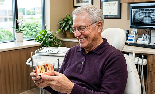 Man smiling holding dental implants model