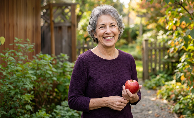 Woman smiling holding an apple