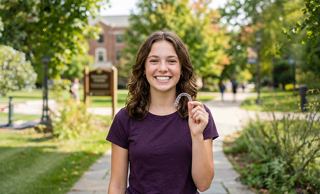 Young woman smiling holding Invisalign tray