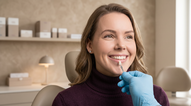 Woman at the dentist with a gloved hand holding a veneer up to her smile