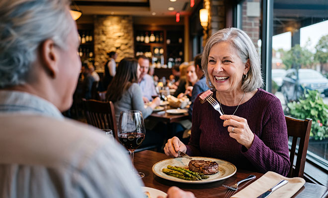 woman eating steak