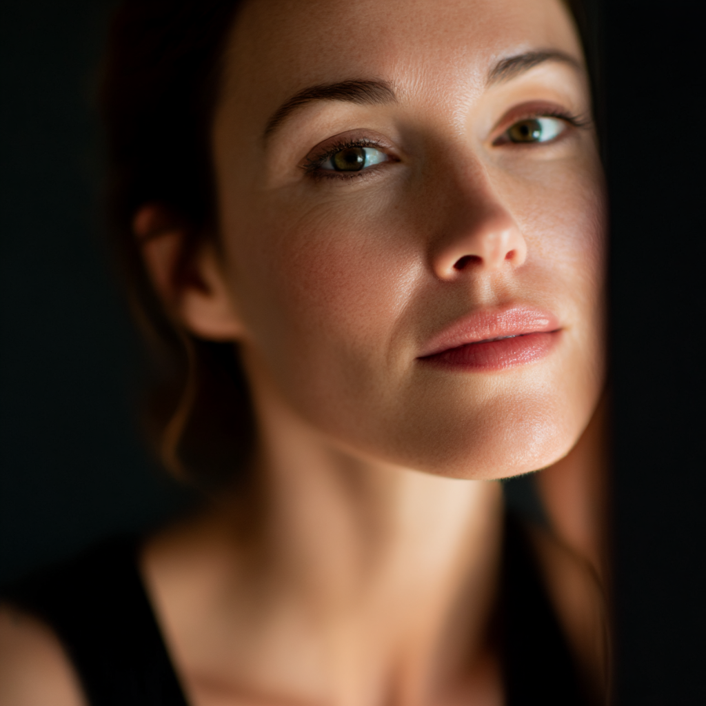 Close-up of a woman with clear skin and natural makeup, softly lit against a dark background.