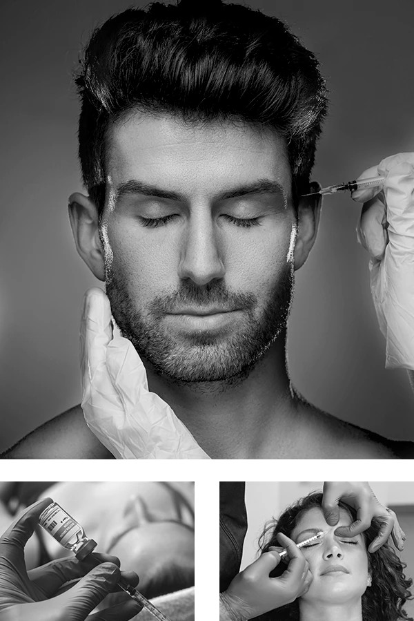 Collage of BOTOX injections and close-up of bottle of BOTOX