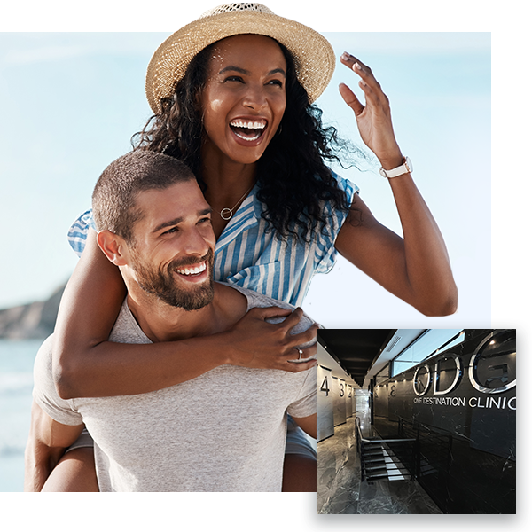 Happy couple on the beach and One Destination Clinic waiting area