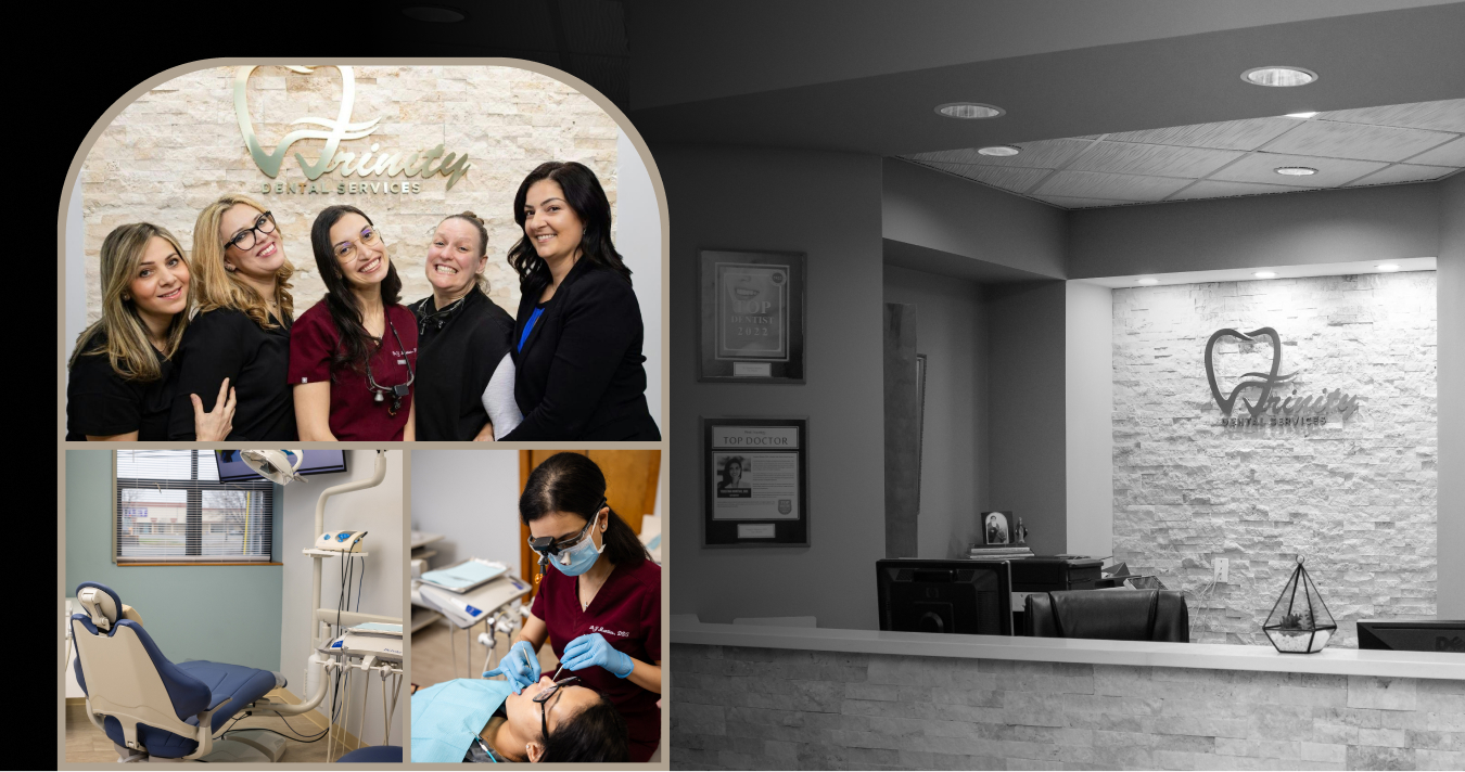 Mosaic image of the team outside the practice, one of the operating rooms, Dr. Mantias with a patient and the front desk of Trinity Dental Services office