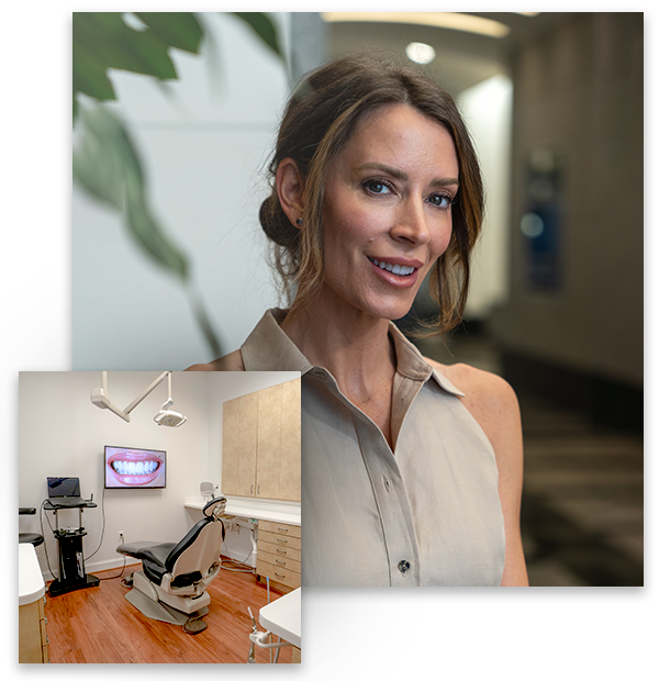 Beautiful woman after cosmetic dentistry and dental exam room