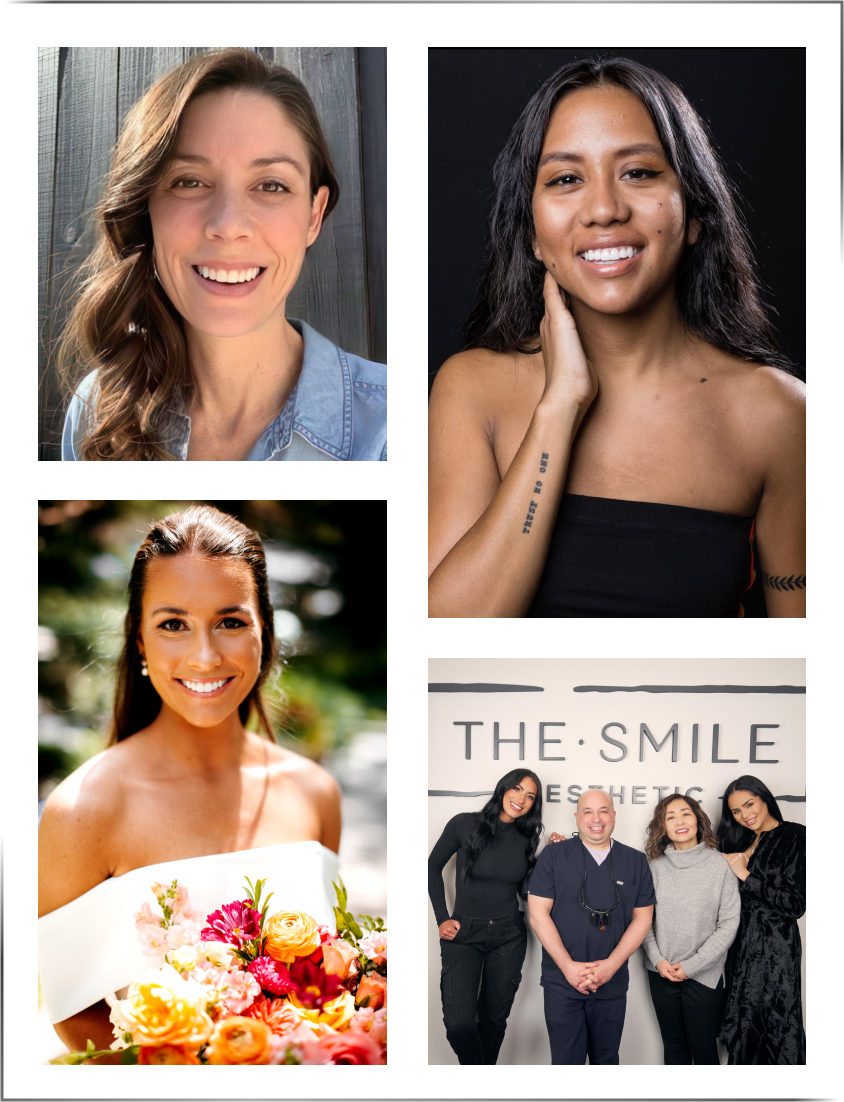 Patients Philippa, Myrka, and Stephane along with staff and Toni in front of The Smile Aesthetic Signage