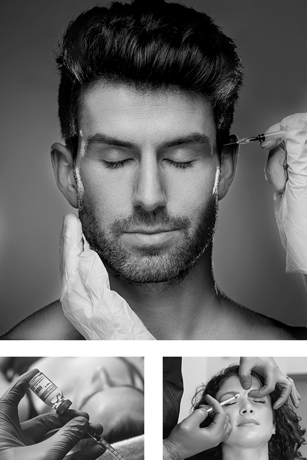 Collage of BOTOX injections and close-up of bottle of BOTOX