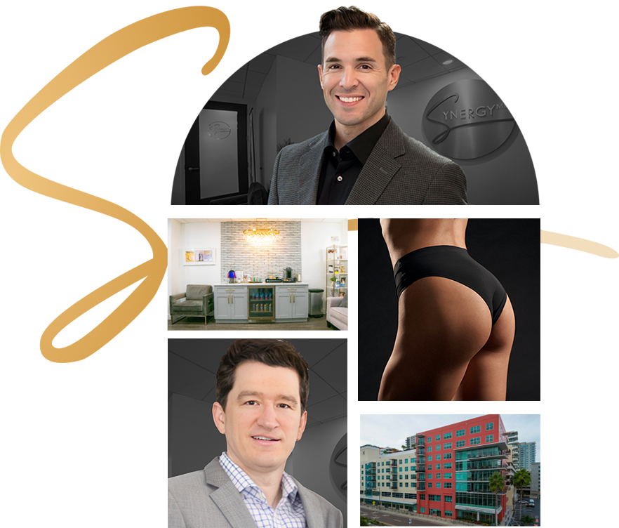 Doctors, exterior of office, close up of woman's buttocks, collage