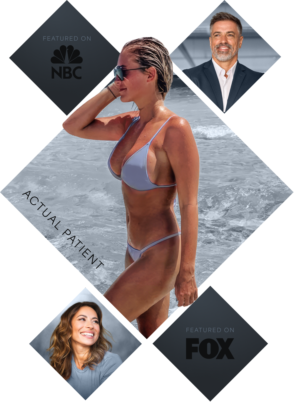 woman in blue swimsuit flanked by a middle-aged man and smiling woman in a blue top