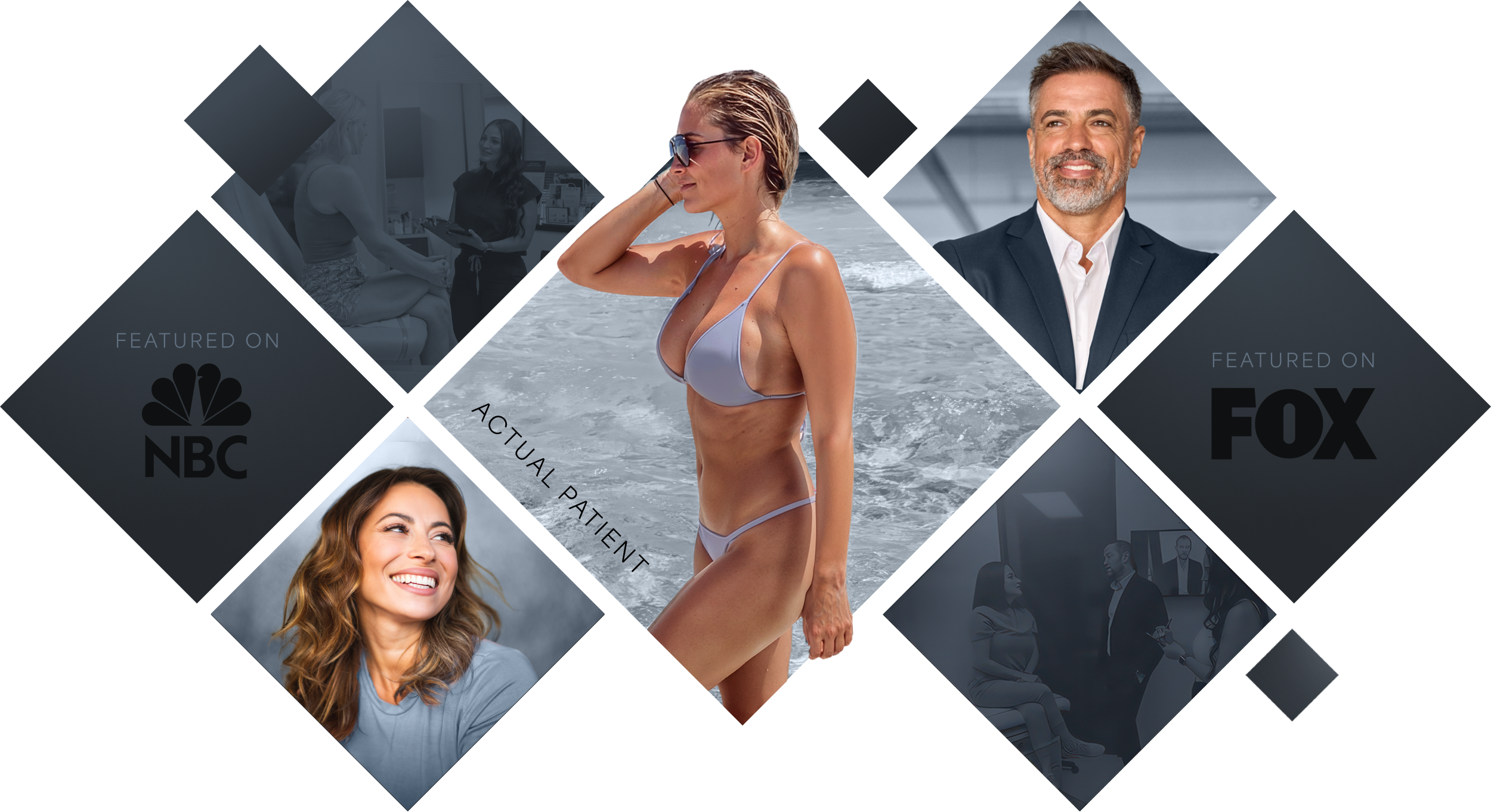 woman in blue swimsuit flanked by a middle-aged man and smiling woman in a blue top