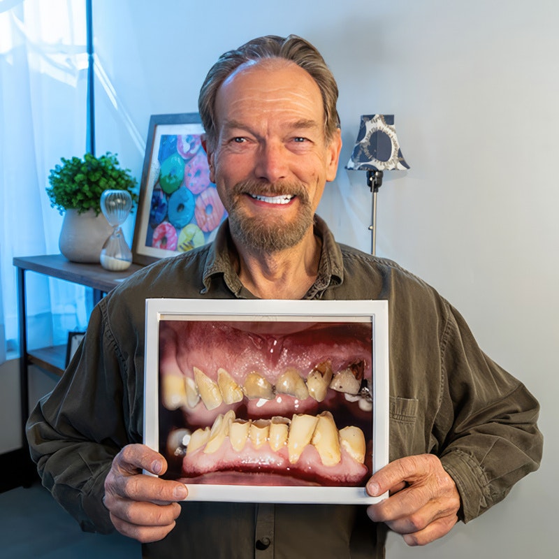 Our patient, Pat, holding a before picture while smiling to show off his new smile