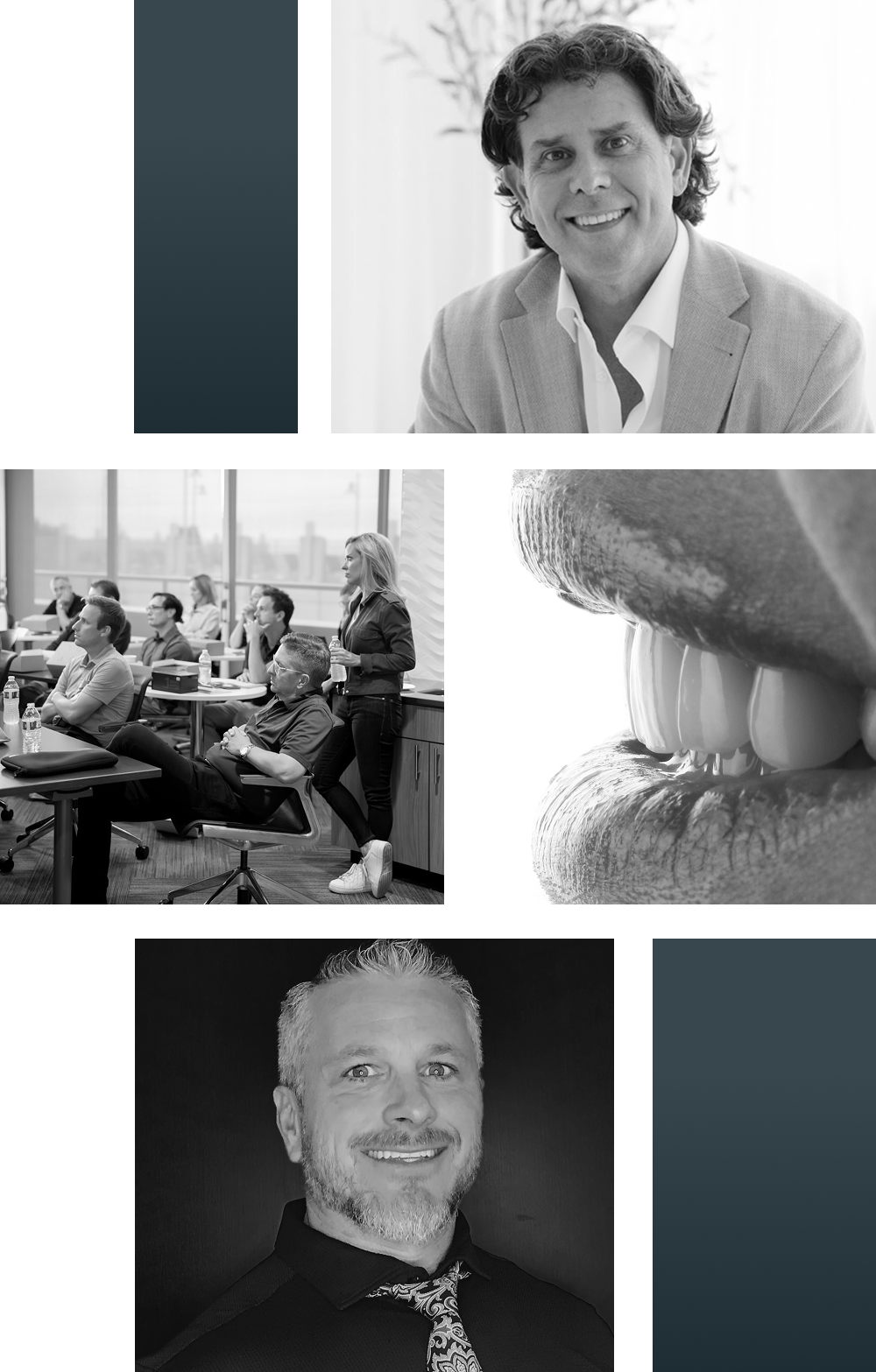 collage of Dr. Nabors, Josh Walker, a class, and a veneer case