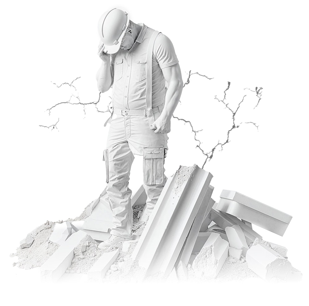 A statue of a construction worker standing in rubble